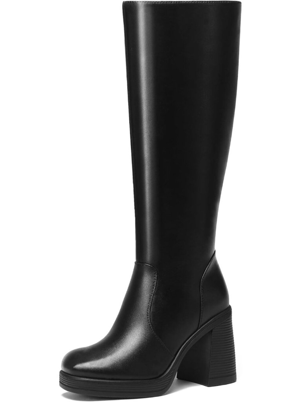 Chunky Heeled Knee High Boots for Women - Square Toe, Tall Platform, Side Zipper